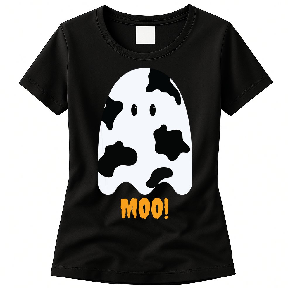 Moo Cute Funny Cow Print Ghost Halloween Tee Womens T-Shirt