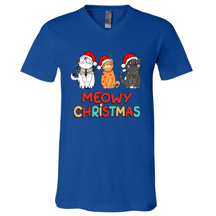 Meowy Christmas Funny Kitten Cat Kitty Lights Xmas Cute Gift V-Neck T-Shirt