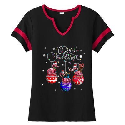 Merry Christmas Flamingo Christmas Ball Motif Christmas Ladies Halftime Notch Neck Tee