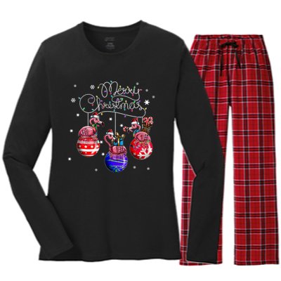 Merry Christmas Flamingo Christmas Ball Motif Christmas Women's Long Sleeve Flannel Pajama Set 