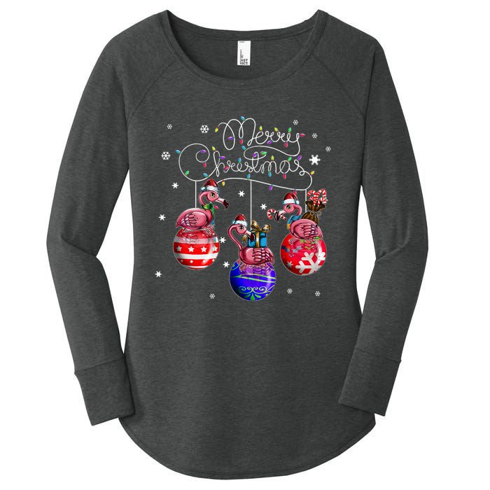 Merry Christmas Flamingo Christmas Ball Motif Christmas Women's Perfect Tri Tunic Long Sleeve Shirt