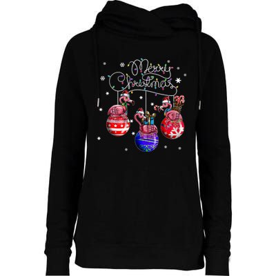 Merry Christmas Flamingo Christmas Ball Motif Christmas Womens Funnel Neck Pullover Hood