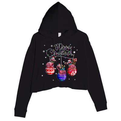 Merry Christmas Flamingo Christmas Ball Motif Christmas Crop Fleece Hoodie