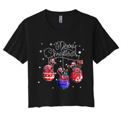 Merry Christmas Flamingo Christmas Ball Motif Christmas Women's Crop Top Tee