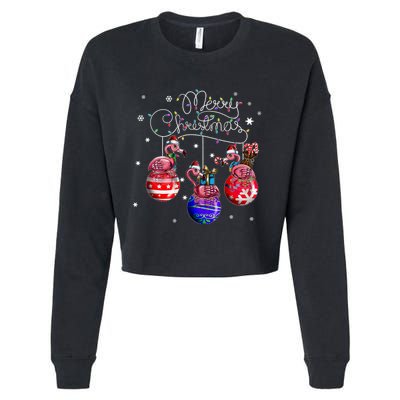 Merry Christmas Flamingo Christmas Ball Motif Christmas Cropped Pullover Crew