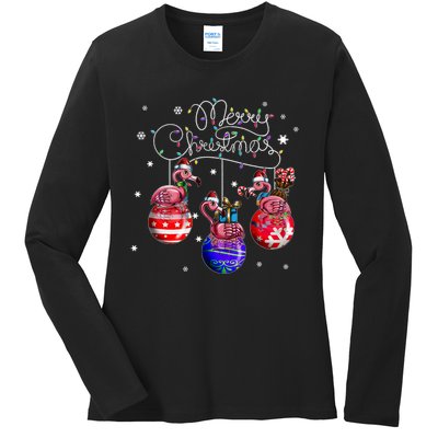 Merry Christmas Flamingo Christmas Ball Motif Christmas Ladies Long Sleeve Shirt