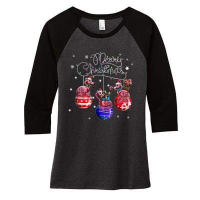 Merry Christmas Flamingo Christmas Ball Motif Christmas Women's Tri-Blend 3/4-Sleeve Raglan Shirt