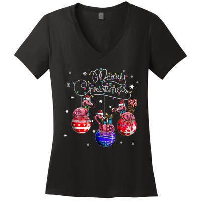 Merry Christmas Flamingo Christmas Ball Motif Christmas Women's V-Neck T-Shirt