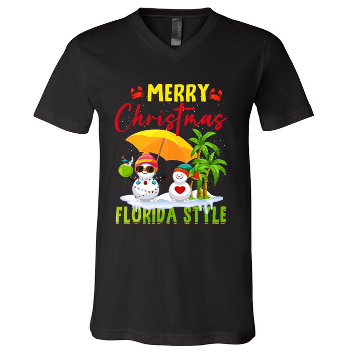 Merry Christmas Florida Style Snowman Summer Vacation V-Neck T-Shirt