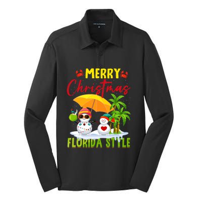 Merry Christmas Florida Style Snowman Summer Vacation Silk Touch Performance Long Sleeve Polo