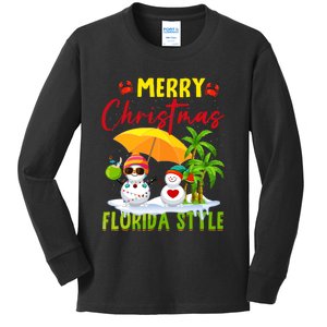 Merry Christmas Florida Style Snowman Summer Vacation Kids Long Sleeve Shirt