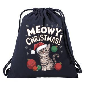 Meowy Christmas Funny Cat Lover Cat Dad Cat Mom Santa Claus Great Gift Drawstring Bag