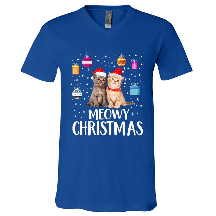 Meowy Christmas Funny Kitten Cat Kitty Lights Xmas Cute Gift V-Neck T-Shirt