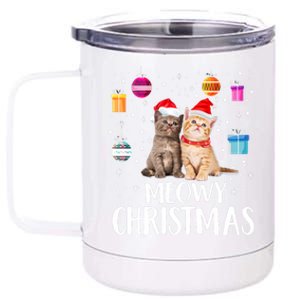 Meowy Christmas Funny Kitten Cat Kitty Lights Xmas Cute Gift 12 oz Stainless Steel Tumbler Cup