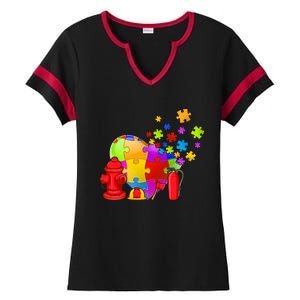 Men Cute Firefighter Heart Puzzle Autism Awareness Day Gift Ladies Halftime Notch Neck Tee