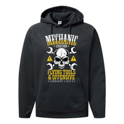 Mechanic Caution Flying Tools Car Mechanics Performance Fleece Hoodie