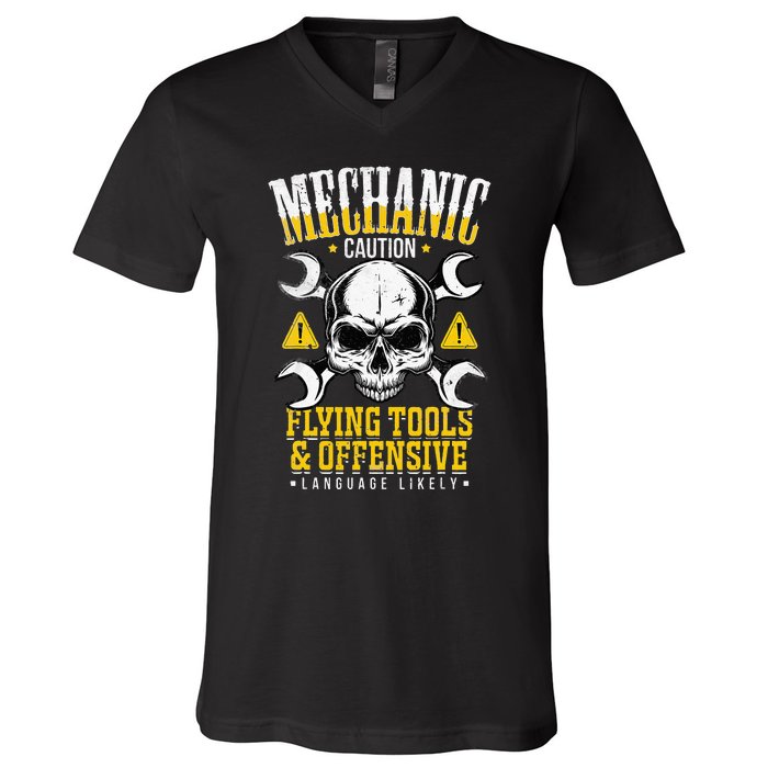 Mechanic Caution Flying Tools Car Mechanics V-Neck T-Shirt