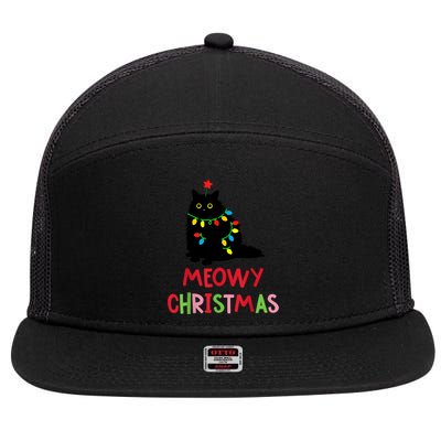 Meowy Christmas Funny Black Cat Christmas Lights Cat Lovers 7 Panel Mesh Trucker Snapback Hat