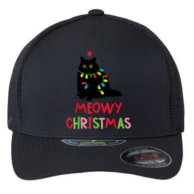 Meowy Christmas Funny Black Cat Christmas Lights Cat Lovers Flexfit Unipanel Trucker Cap