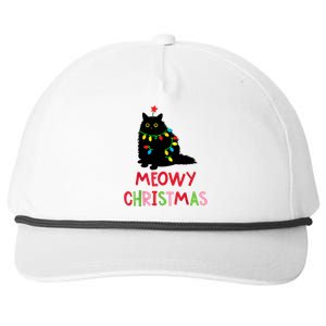 Meowy Christmas Funny Black Cat Christmas Lights Cat Lovers Snapback Five-Panel Rope Hat