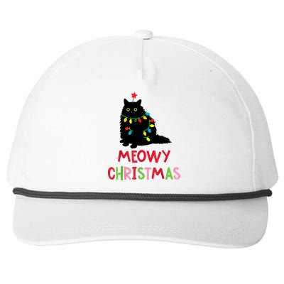 Meowy Christmas Funny Black Cat Christmas Lights Cat Lovers Snapback Five-Panel Rope Hat