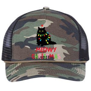 Meowy Christmas Funny Black Cat Christmas Lights Cat Lovers Retro Rope Trucker Hat Cap