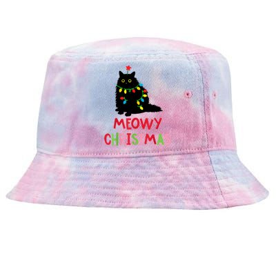 Meowy Christmas Funny Black Cat Christmas Lights Cat Lovers Tie-Dyed Bucket Hat