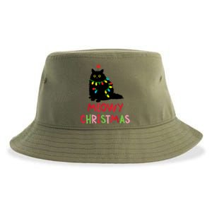 Meowy Christmas Funny Black Cat Christmas Lights Cat Lovers Sustainable Bucket Hat