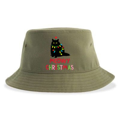 Meowy Christmas Funny Black Cat Christmas Lights Cat Lovers Sustainable Bucket Hat