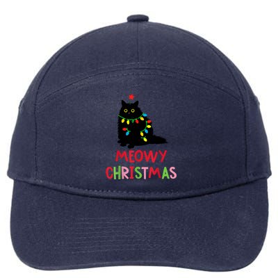 Meowy Christmas Funny Black Cat Christmas Lights Cat Lovers 7-Panel Snapback Hat