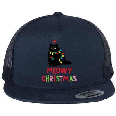 Meowy Christmas Funny Black Cat Christmas Lights Cat Lovers Flat Bill Trucker Hat