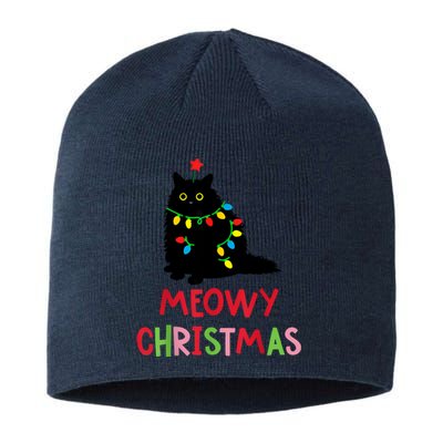 Meowy Christmas Funny Black Cat Christmas Lights Cat Lovers Sustainable Beanie