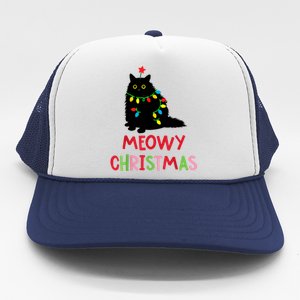 Meowy Christmas Funny Black Cat Christmas Lights Cat Lovers Trucker Hat