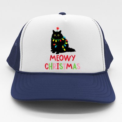 Meowy Christmas Funny Black Cat Christmas Lights Cat Lovers Trucker Hat