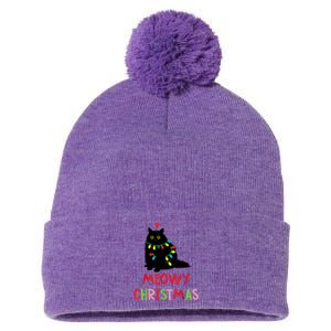 Meowy Christmas Funny Black Cat Christmas Lights Cat Lovers Pom Pom 12in Knit Beanie