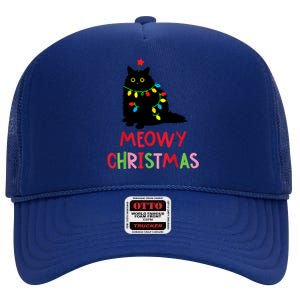 Meowy Christmas Funny Black Cat Christmas Lights Cat Lovers High Crown Mesh Back Trucker Hat