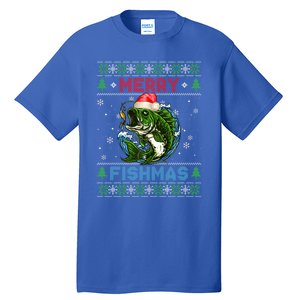 Merry Christmas Fishmas Ugly Xmas Sweater Santa Bass Fishing Gift Tall T-Shirt