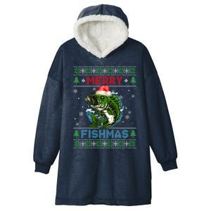 Merry Christmas Fishmas Ugly Xmas Sweater Santa Bass Fishing Gift Hooded Wearable Blanket