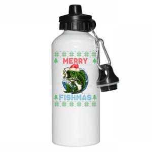 Merry Christmas Fishmas Ugly Xmas Sweater Santa Bass Fishing Gift Aluminum Water Bottle