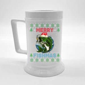 Merry Christmas Fishmas Ugly Xmas Sweater Santa Bass Fishing Gift Beer Stein