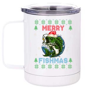 Merry Christmas Fishmas Ugly Xmas Sweater Santa Bass Fishing Gift 12 oz Stainless Steel Tumbler Cup