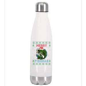 Merry Christmas Fishmas Ugly Xmas Sweater Santa Bass Fishing Gift Stainless Steel Insulated Water Bottle