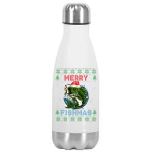 Merry Christmas Fishmas Ugly Xmas Sweater Santa Bass Fishing Gift Stainless Steel Insulated Water Bottle