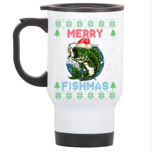 Merry Christmas Fishmas Ugly Xmas Sweater Santa Bass Fishing Gift Stainless Steel Travel Mug