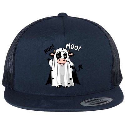 Moo! Cute Funny Cow Ghost Halloween Flat Bill Trucker Hat