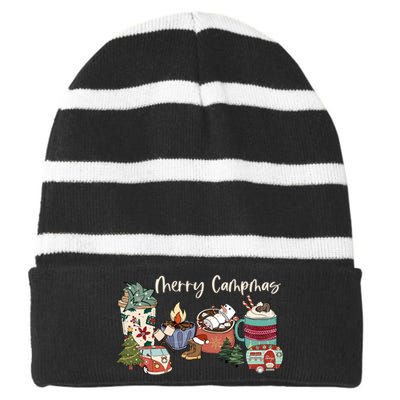 Merry Campmas Funny Christmas Camping Camper Camp Lovers Gift Striped Beanie with Solid Band