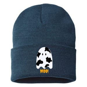 Moo! Cute Funny Cow Print Ghost Halloween Sustainable Knit Beanie