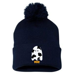 Moo! Cute Funny Cow Print Ghost Halloween Pom Pom 12in Knit Beanie