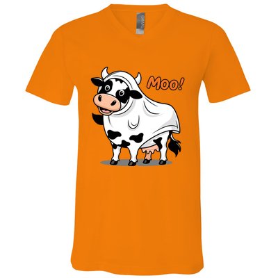 Moo! Cute Funny Cow Print Ghost Halloween V-Neck T-Shirt