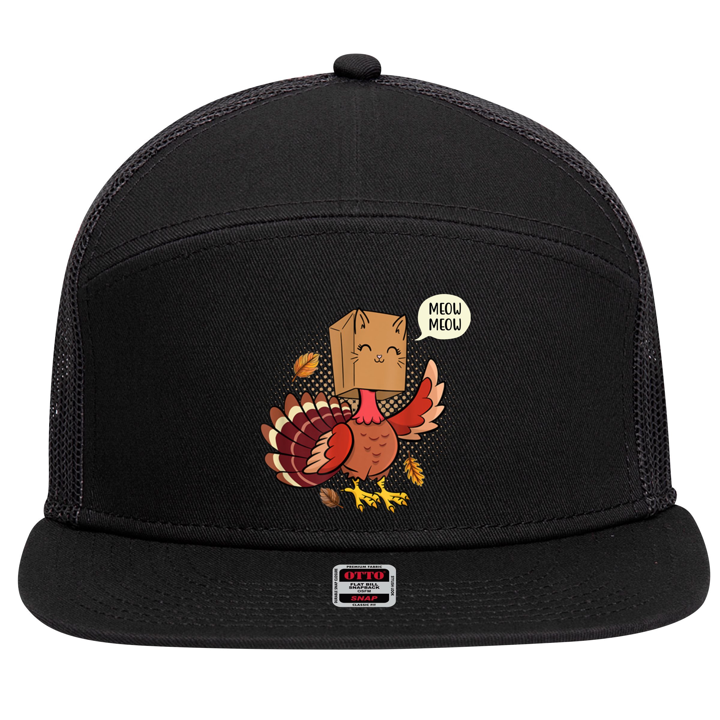 Meow Cat Funny Turkey Thanksgiving Holiday 7 Panel Mesh Trucker Snapback Hat